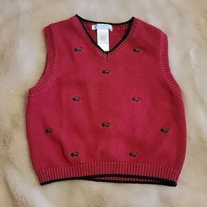 JANIE AND JACK RED SWEATER VEST WITH EMBROIDERED TRAINS, SIZE 18-24 MONTHS